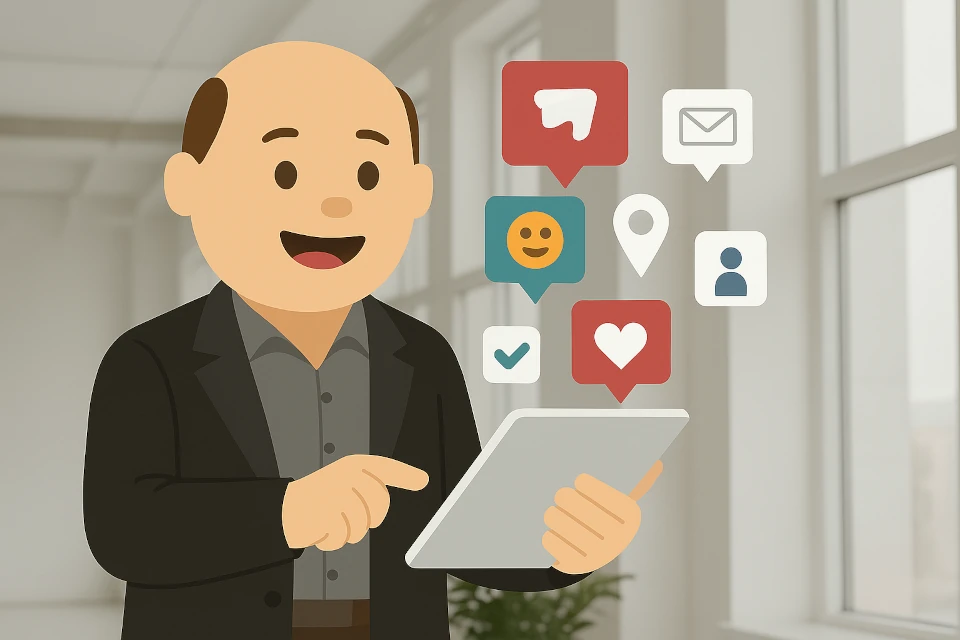 Avatar of Thierry P. Gaillard with a tablet and social media icons