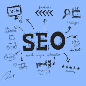 SEO concept centered with surrounding computer illustrations