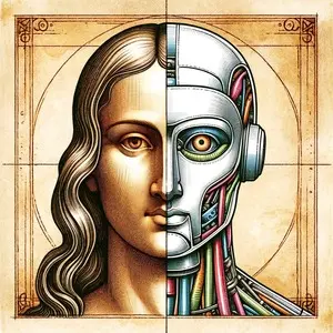 Stylized robotic head blending into mathematical matrices