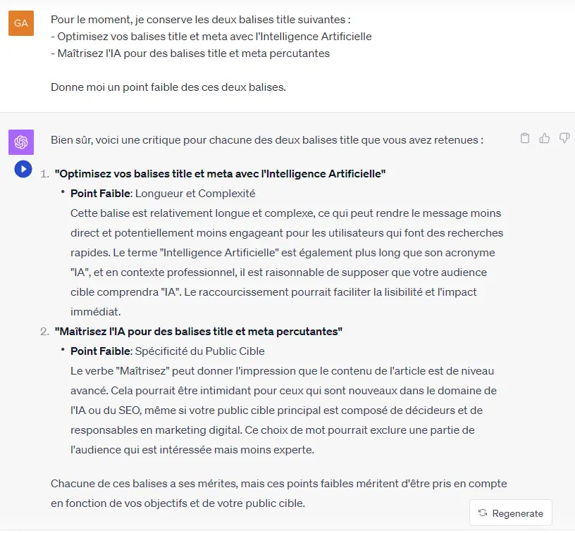 Screenshot of asking ChatGPT to critique the two selected title tags.