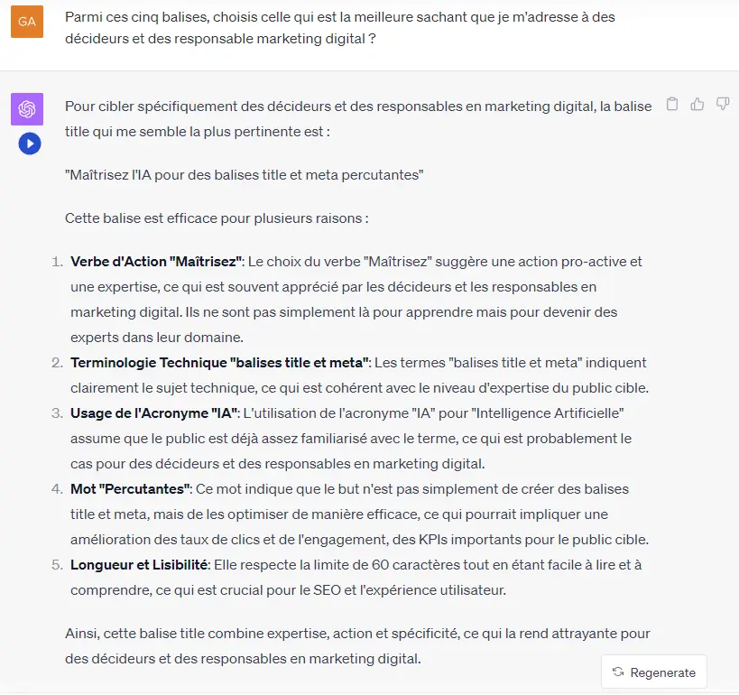 Screenshot of asking ChatGPT to choose the 2 best title tags.