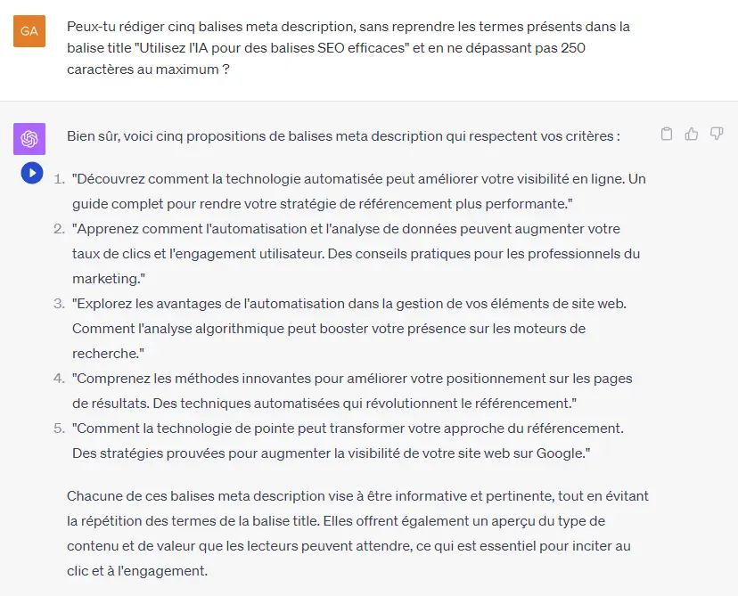 Screenshot of asking ChatGPT to write five meta description tags.