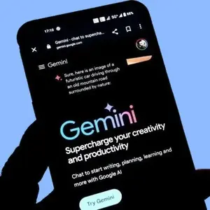 Smartphone screen showing Gemini 1.5 Flash interface and AI marketing prompts