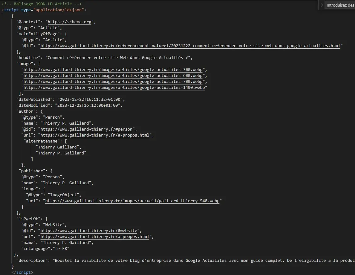 Article structured data schema example