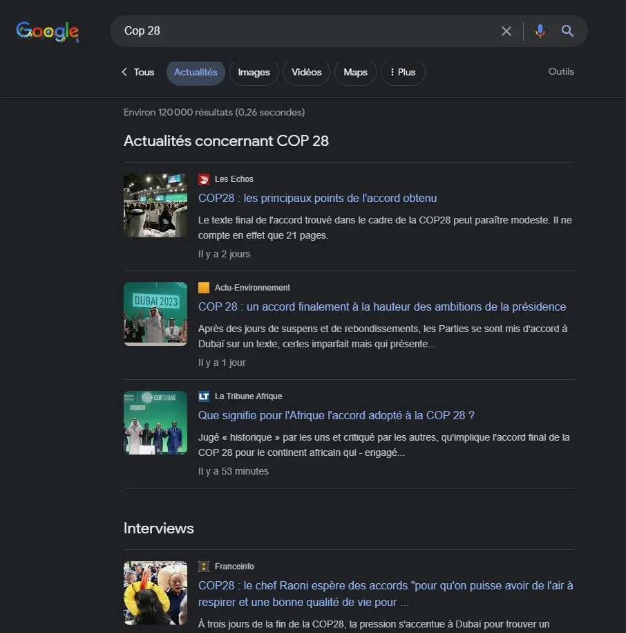 Google Search News Tab - COP 28