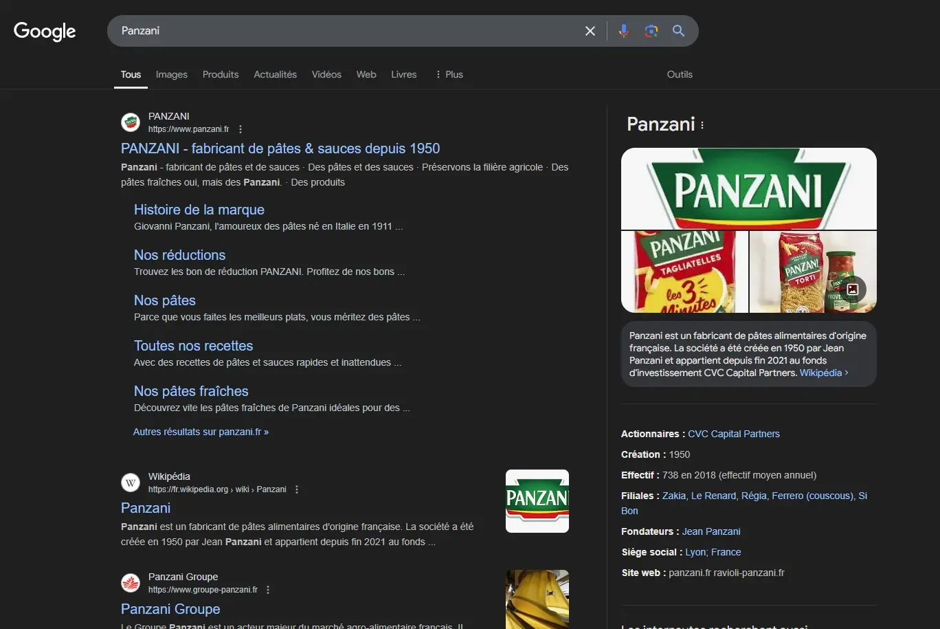 Brand SERP homepage for Panzani on Google search results