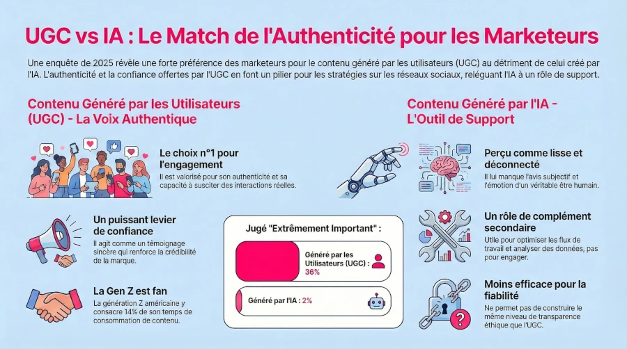 Infographic comparing the importance of User-Generated Content (UGC) vs AI-generated content for social media strategies.