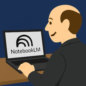 Avatar of Thierry P. Gaillard typing on a laptop displaying NotebookLM