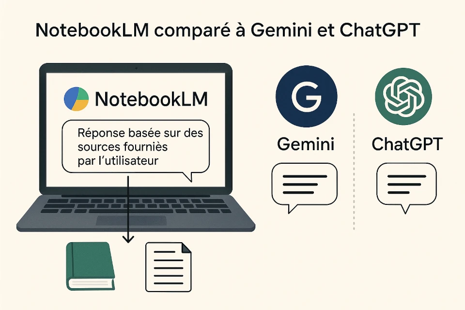 Laptop affichant NotebookLM et les logos de Gemini et ChatGPT