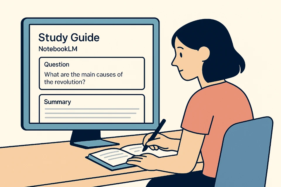 A student reviewing a study guide on her laptop