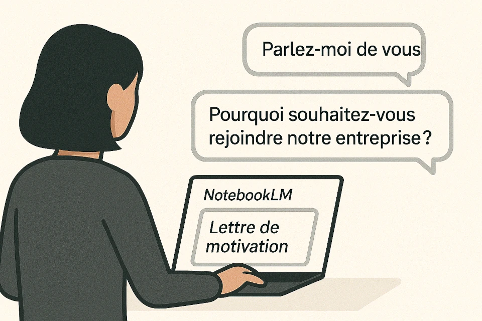 Une femme parle à son laptop qui dialogue via NotebookLM