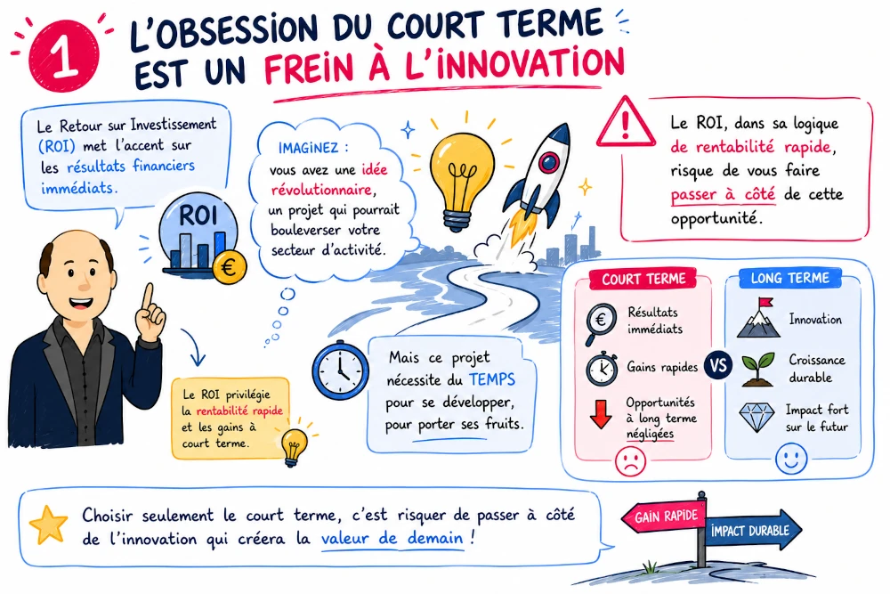 Sketchnote montrant que le ROI est un indicateur court-termiste et qu'il ne faut pas négliger l'innovation à long terme