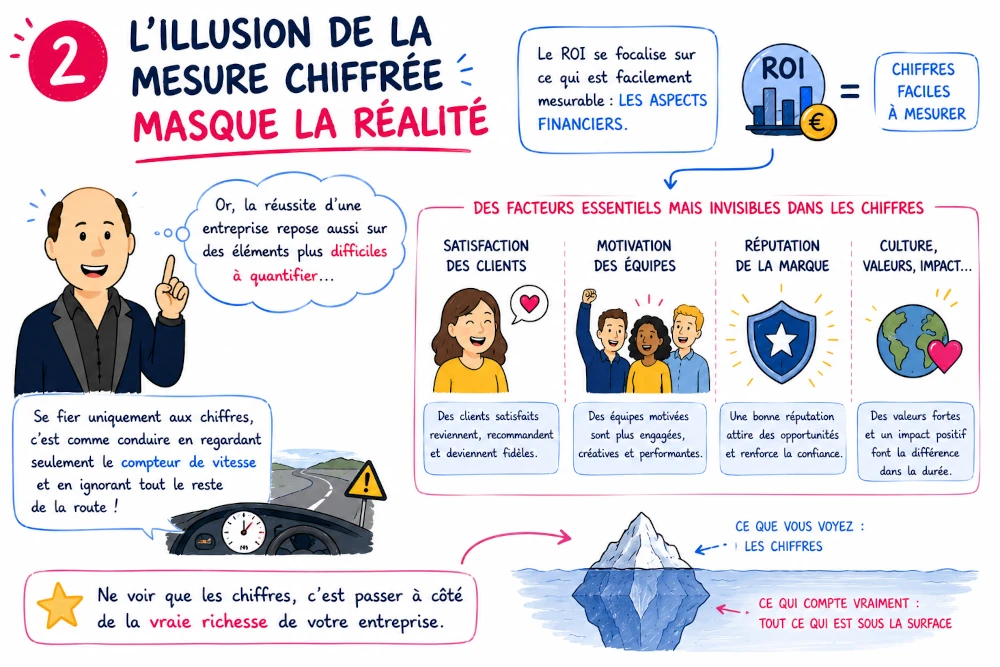 Sketchnote showing how financial numbers mask qualitative organizational reality