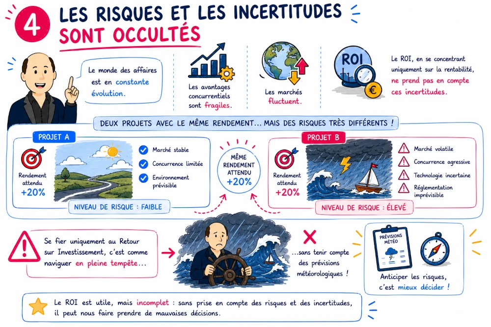 Sketchnote on how ROI overlooks strategic risks and volatility