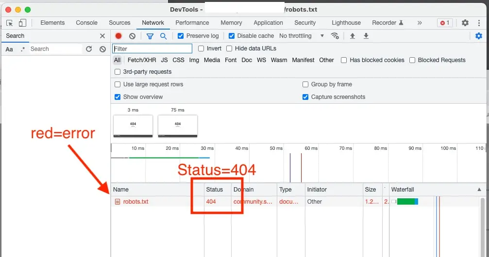 Chrome DevTools screenshot showing robots.txt returning HTTP 404