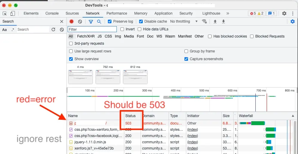 Chrome DevTools screenshot showing an HTTP 503 status header
