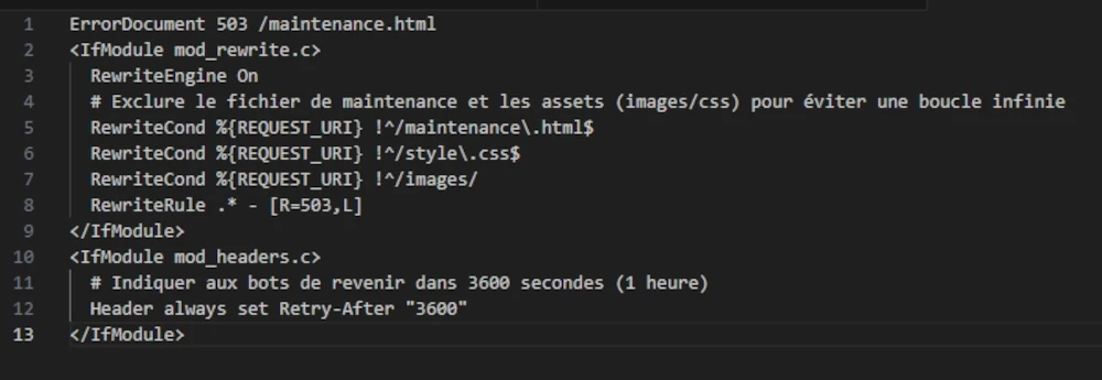 Apache server configuration code to return an HTTP 503 header