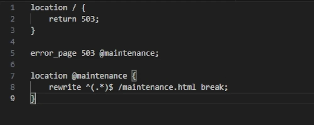 Nginx server configuration code to return an HTTP 503 header