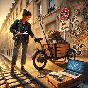 Young female entrepreneur in Paris fixing an electric cargo bike on a cobblestone street, holding a wrench with a laptop displaying schematics on a wooden crate