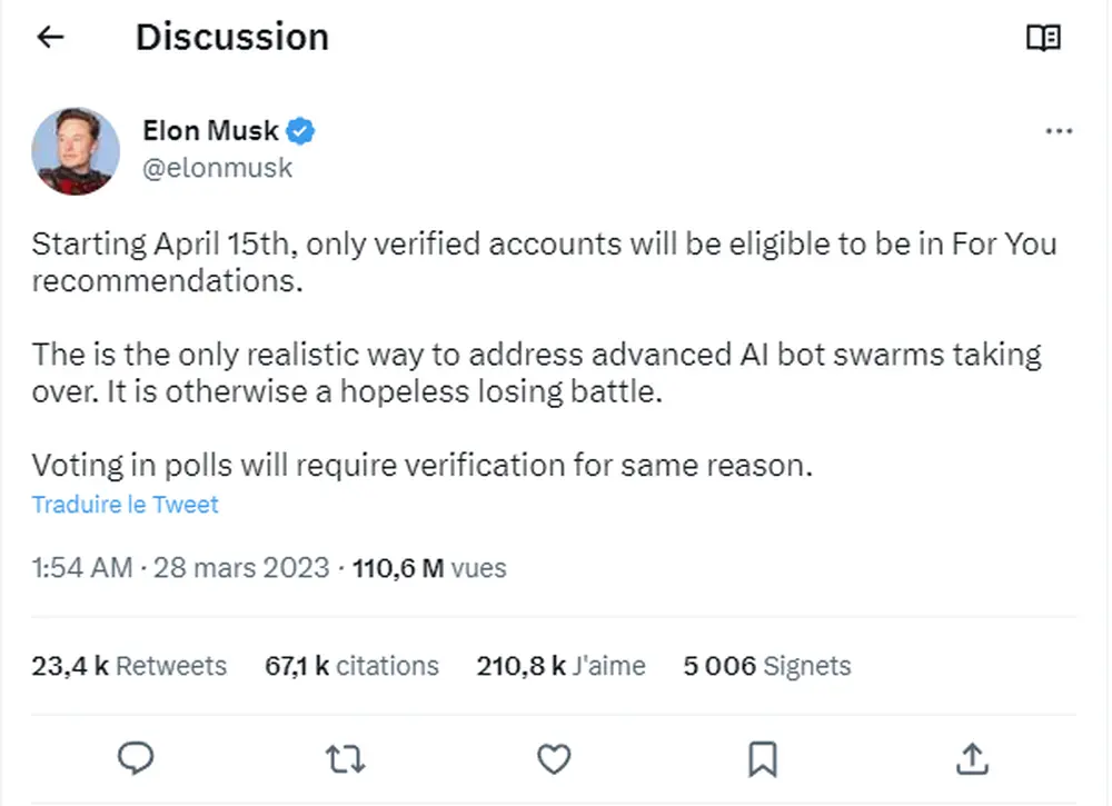 Elon Musk's tweet announcing Twitter Blue rules for the For You feed