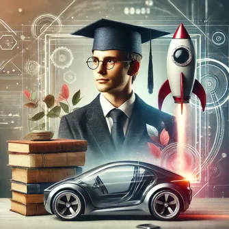 A tech visionary wearing an academic cap surrounded by books, a futuristic rocket, and a modern electric car