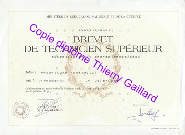 BTS Tourism and Leisure Diploma of Thierry P. Gaillard
