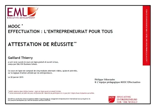 Certificate on Effectuation: Entrepreneurship for Everyone from EM Lyon Business School