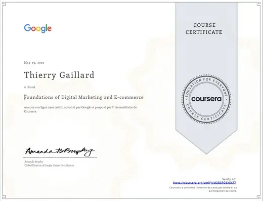 Coursera certificate for Foundations of Digital Marketing and E-commerce