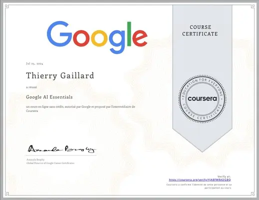Coursera certificate for Google AI Essentials training