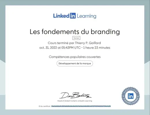 LinkedIn certificate for Drew Boyd's Foundations of Branding training