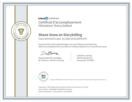 LinkedIn certificate for Shane Snow's Storytelling training