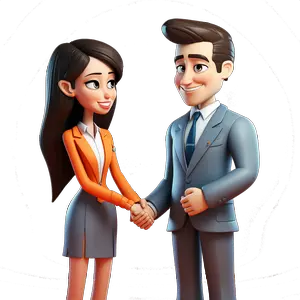 3D cartoon of a businesswoman in a suit shaking hands with a businessman across a meeting desk