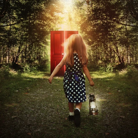 Little girl carrying a lantern walking toward the door of knowledge
